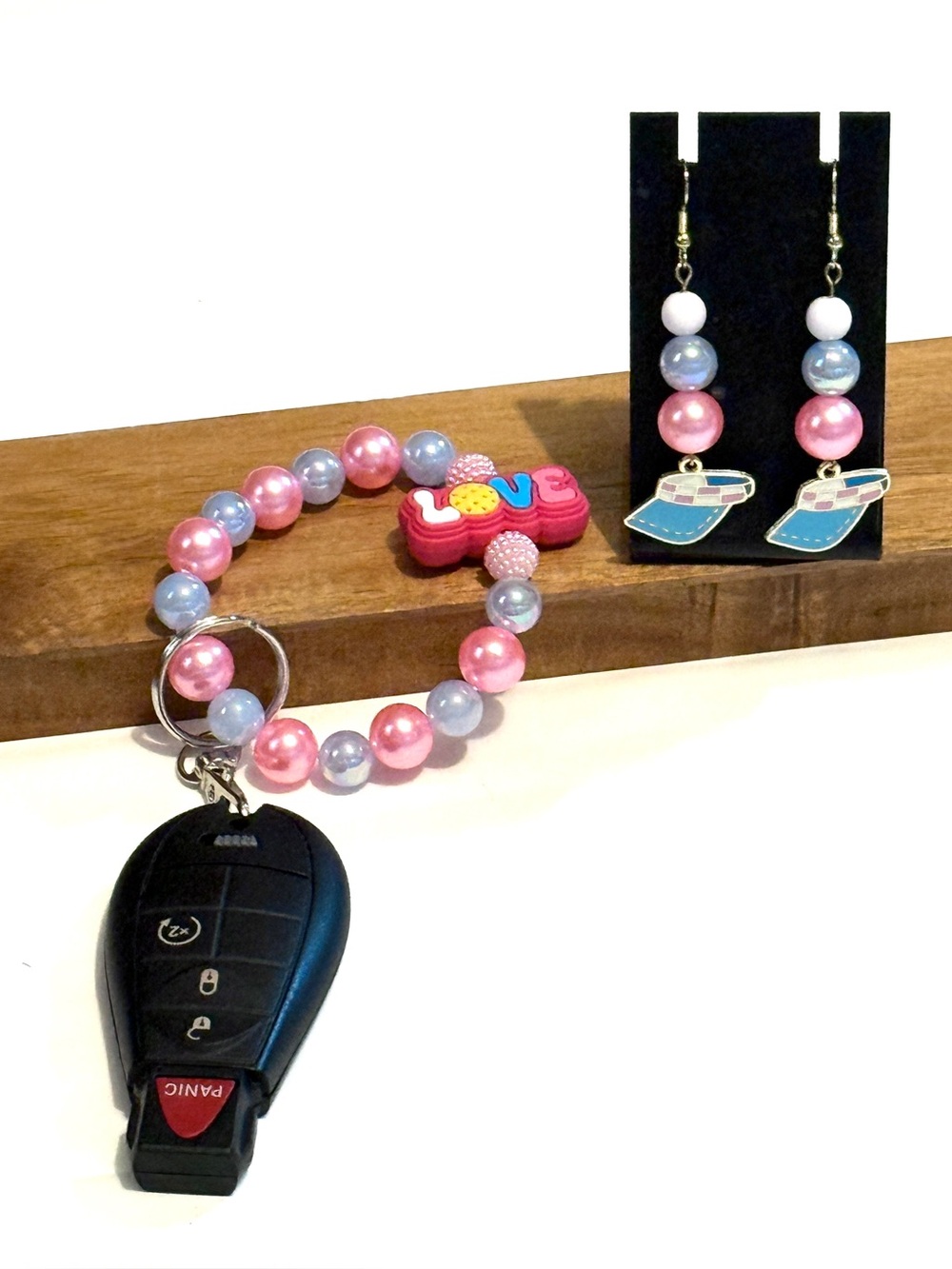 Pickleball Beaded Wristlet Keychain Visor Earrings Set Pink Blue Love